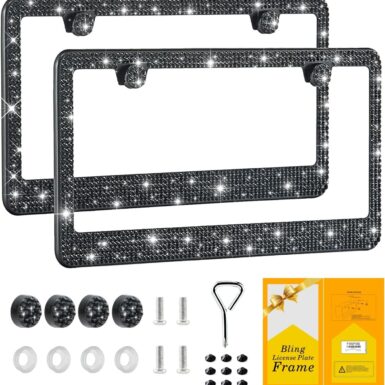 FIISFIIS Bling License Plate Frame for Women,2 Pack Premium Stainless Steel Rhinestone License Plate Holder,Handmade Glitter Crystal Diamond Girl Lincense Plate Tag Cover,Bedazzled Sparkly-Black